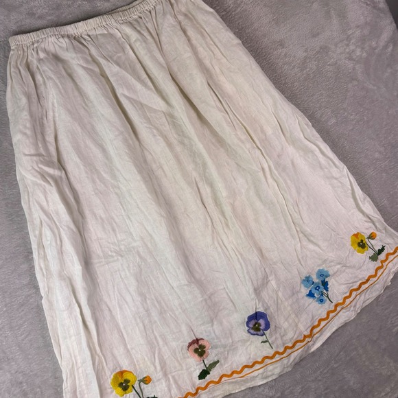 Vrg Grl Dresses & Skirts - VRG GRL Womens White 100% Linen Floral Embroidered Midi Skirt with Pockets Sz 14